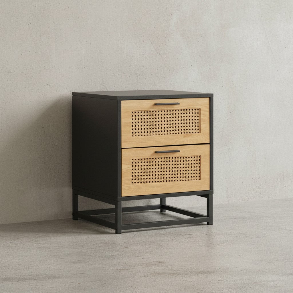 Nachtkonsole Schwarz mit Wiener Geflecht 45x45x56 cm Nachttisch Zeitlos - Nachtkommode Boxspringbett mit Schubladen - Nachtkästchen mit Stauraum_