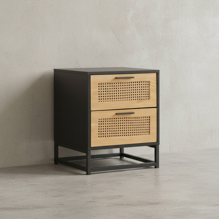 Nachtkonsole Schwarz mit Wiener Geflecht 45x45x56 cm Nachttisch Zeitlos - Nachtkommode Boxspringbett mit Schubladen - Nachtkästchen mit Stauraum_