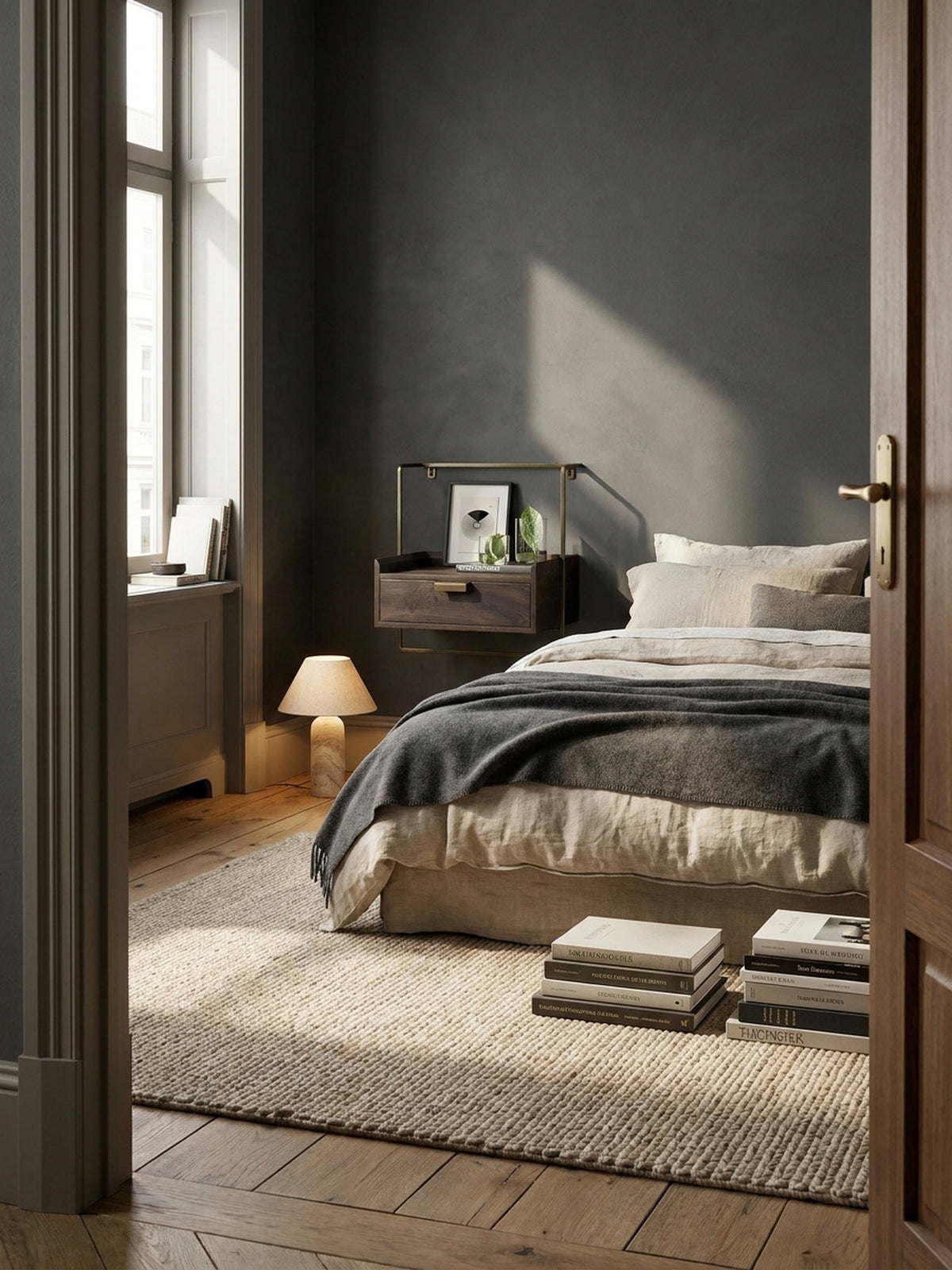 Die wandhängende Nachtkonsole aus dunklem Mangoholz mit Messingrahmen neben einem luxuriösen Boxspringbett in einem modern-classic Schlafzimmer mit Kalkputzwand._