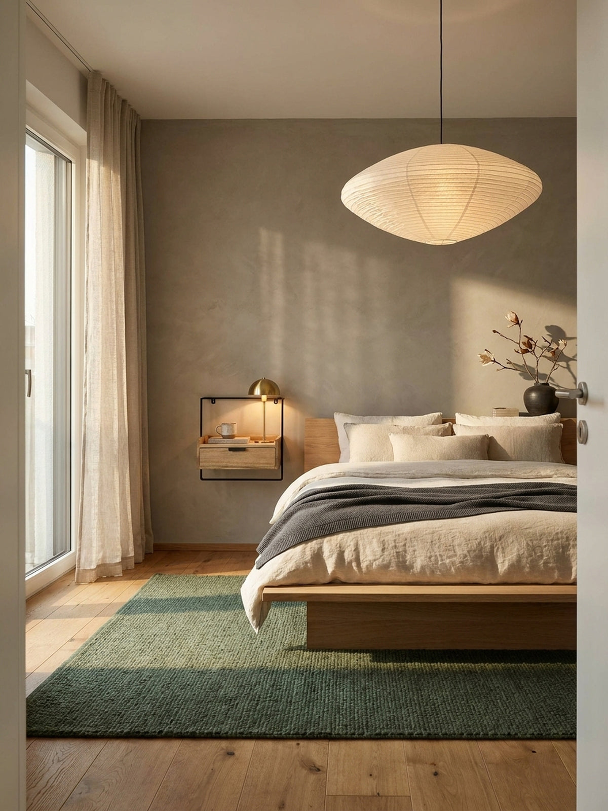 Hängender Nachttisch aus Mangoholz mit schwarzem Metallrahmen in einem minimalistischen Japandi-Schlafzimmer neben einem Leinenbett.