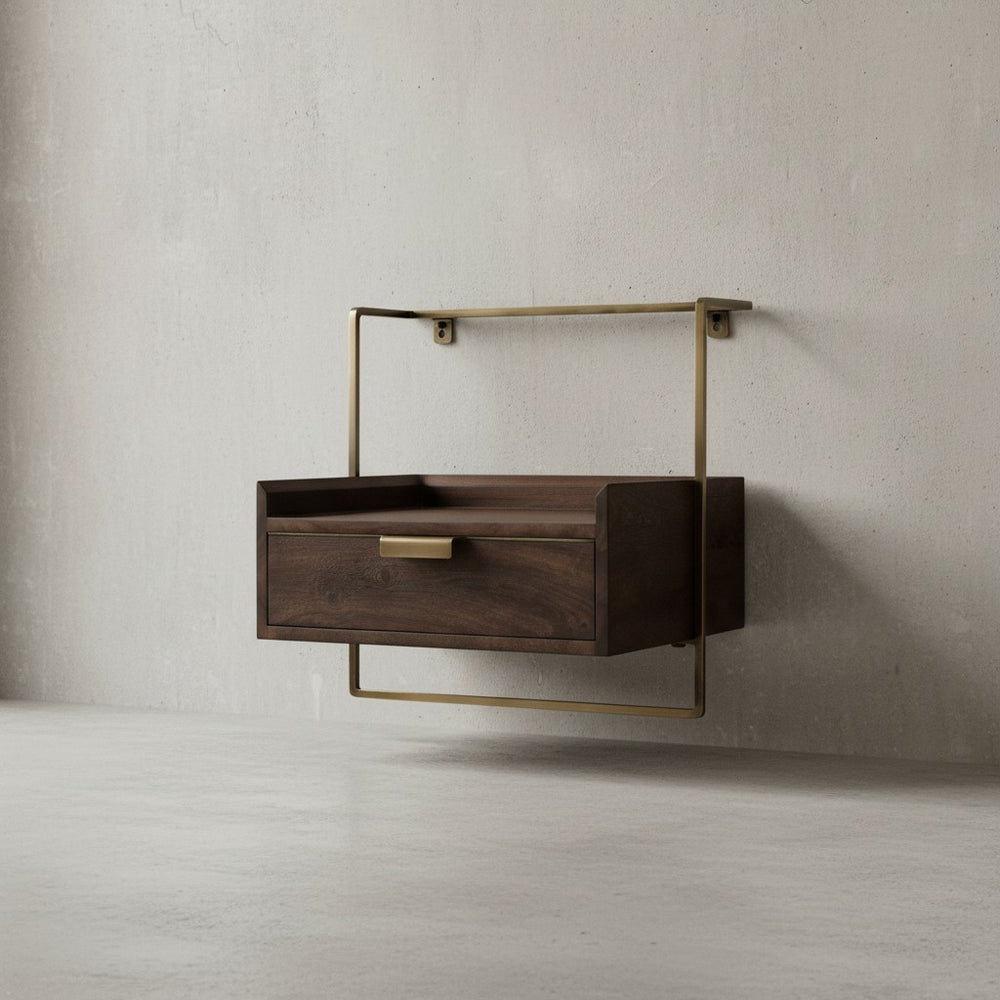 Nachtkonsole für Wandmontage 44x45x35 cm Mango Massivholz Dunkelbraun - Nachttisch mit Schublade - Wandboard Schwebend für Boxspringbett - Nachtschrank Nachtkästchen Hängend_