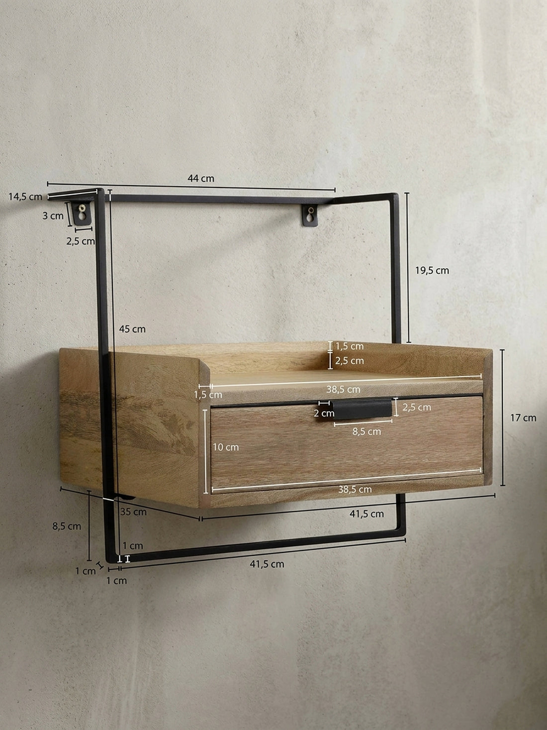 Maßzeichnung Nachttisch Mango Massivholz Wandmontage Schublade Boxspringbett – Beige