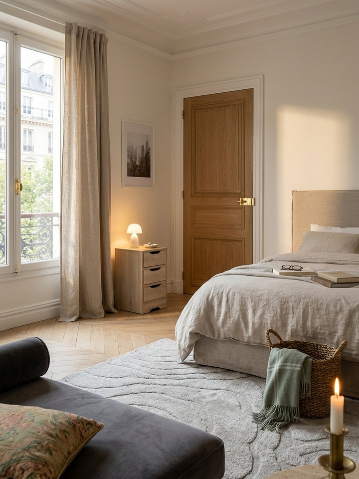 Kompakter Nachttisch Sonoma Eiche 31x49x31 cm neben einem eleganten Polsterbett im modernen Schlafzimmer. Heller Holzlook kombiniert mit weichen Textilien und dezenter Wandfarbe._