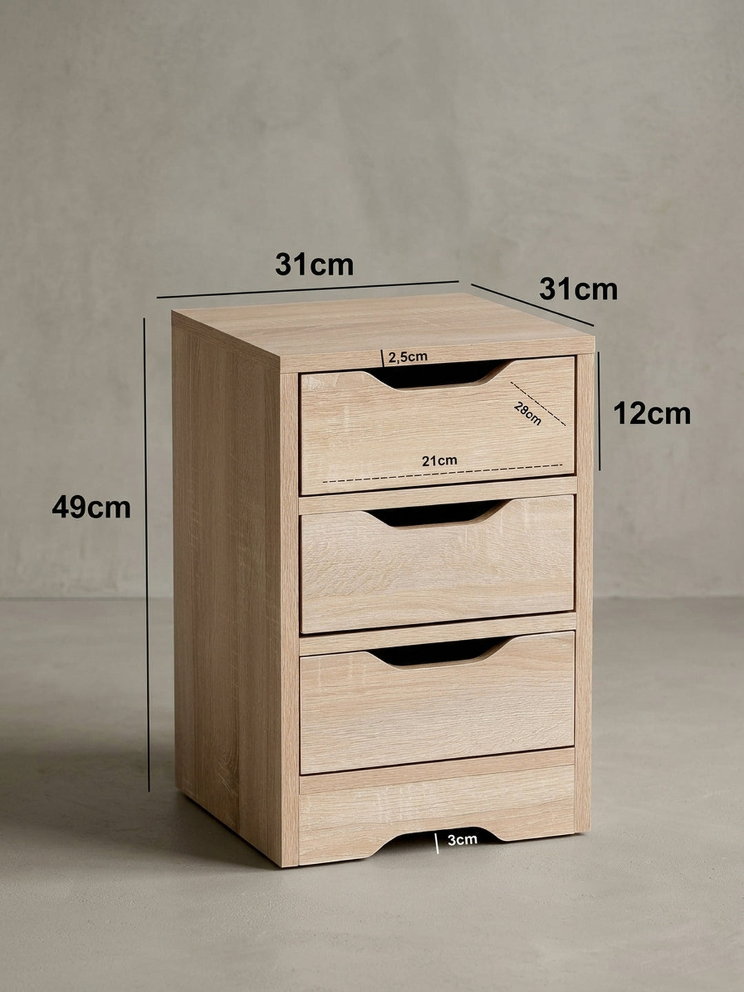 Rückwärtige Detailansicht der Bettkommode, die die saubere Verarbeitung der Spanplatten und die stabilen Kantenabschlussleisten des 49 cm hohen Beimöbels optimal dokumentiert._