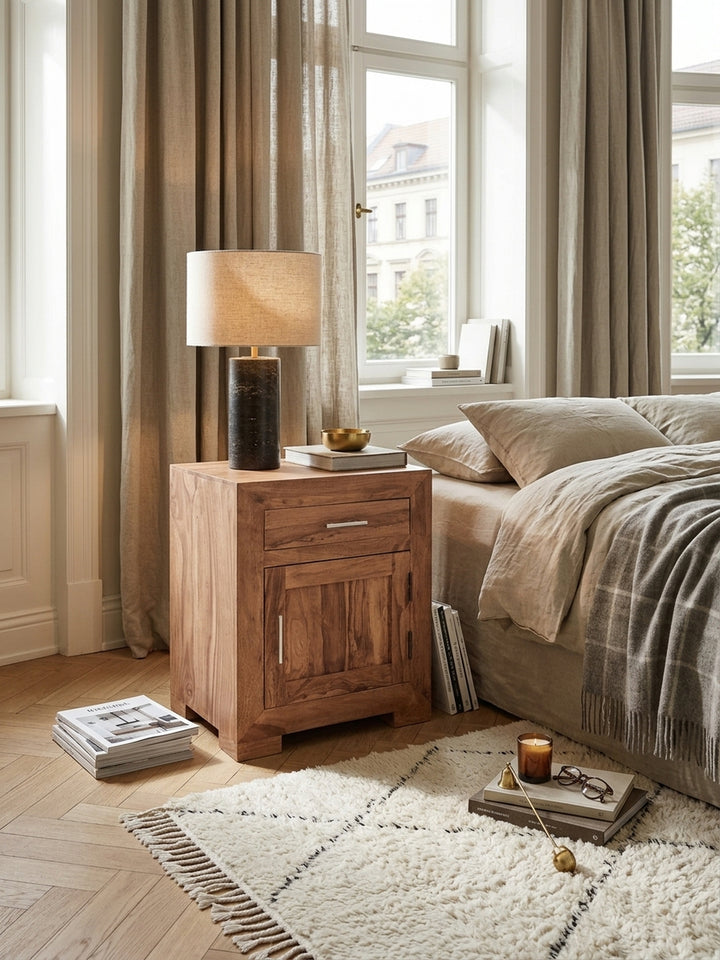 Nachttisch Akazie Massivholz natur 50x40x60 cm in stilvoller Schlafzimmer-Einrichtung mit Dekoration und Accessoires aus der Vogelperspektive mit Schublade_