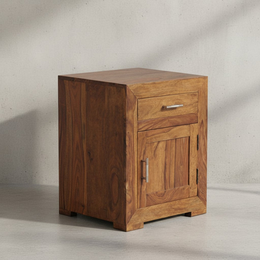 Massivholz Nachtschrank_ Landhausstil_ 60 cm Höhe_ Schublade &amp; Tür_ Sheesham-Holz - KADIMA DESIGN_Farbe_ Braun_ Größe_ 50x40x60 cm_