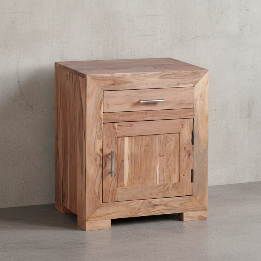 Massivholz Nachtschrank_ Landhausstil_ 60 cm Höhe_ Schublade &amp; Tür_ Sheesham-Holz - KADIMA DESIGN_Farbe_ Beige_ Größe_ 50x40x60 cm_