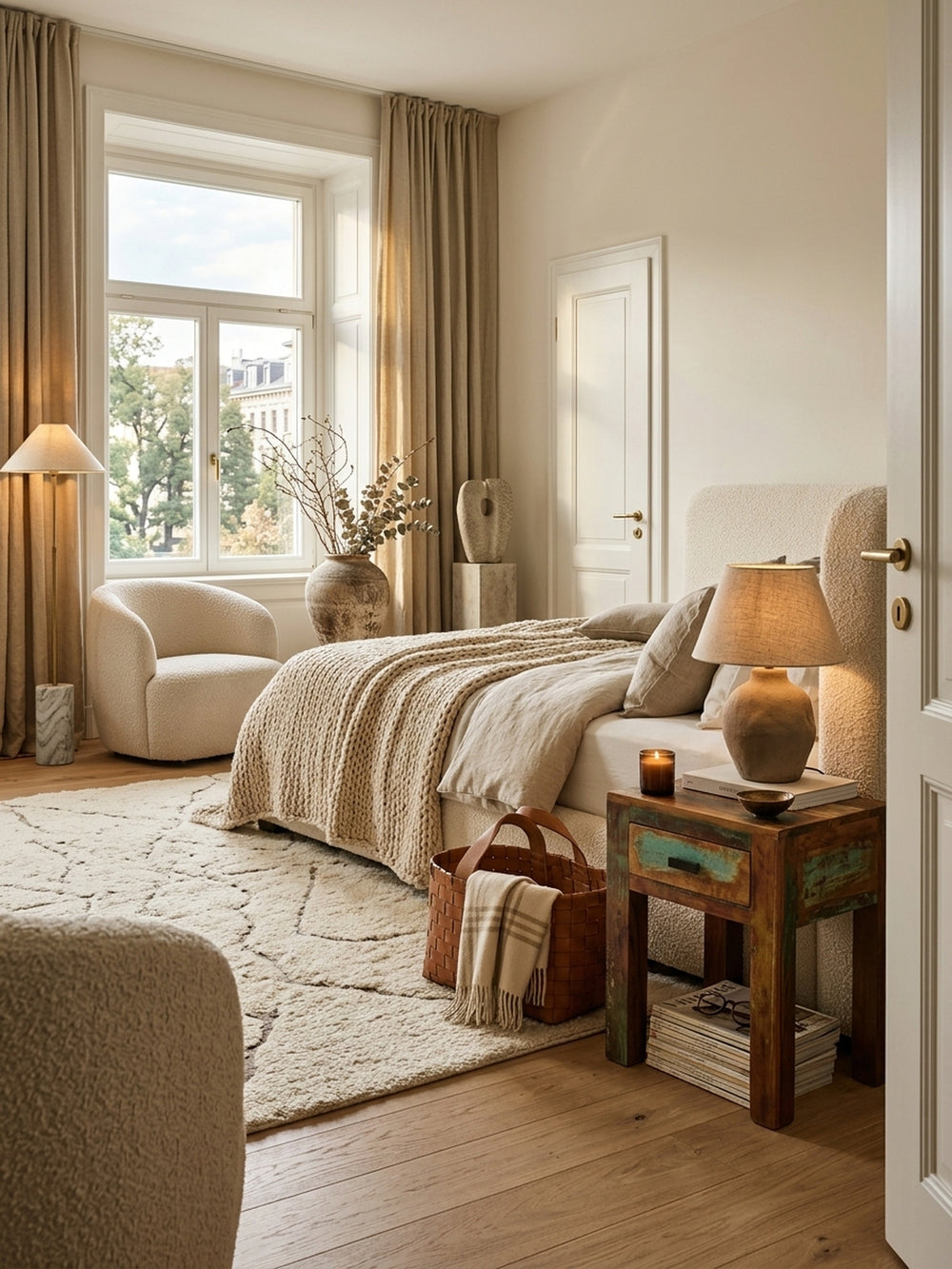 Massivholz Nachttisch aus recyceltem Mangoholz 40x40x55 cm im luxuriösen Schlafzimmer, Shabby Chic Design mit türkisen Farbakzenten stilvoll neben einem Leinenbett._