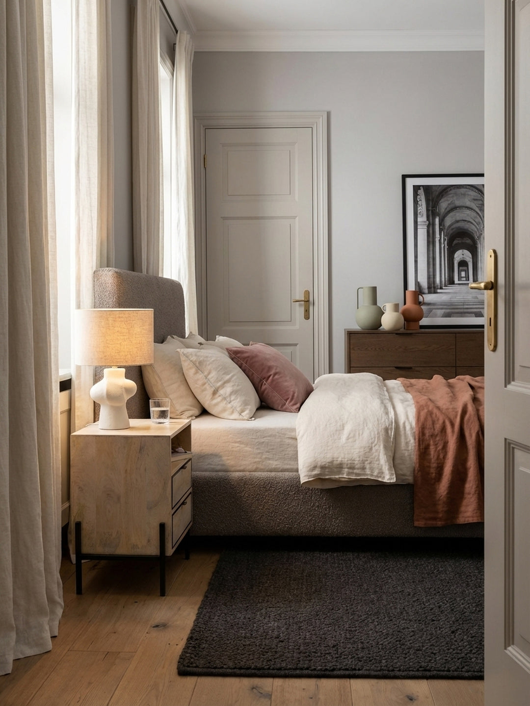 Moderner Nachttisch aus massivem Mangoholz neben einem Leinenbett in einem lichtdurchfluteten, minimalistischen Schlafzimmer._