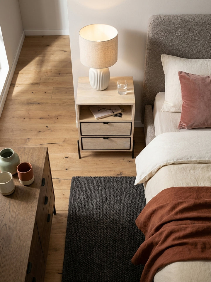 Design-Nachtkonsole mit schwarzem Metallgestell von oben betrachtet, perfekt arrangiert auf einem dunklen Bouclé-Teppich im Schlafzimmer._
