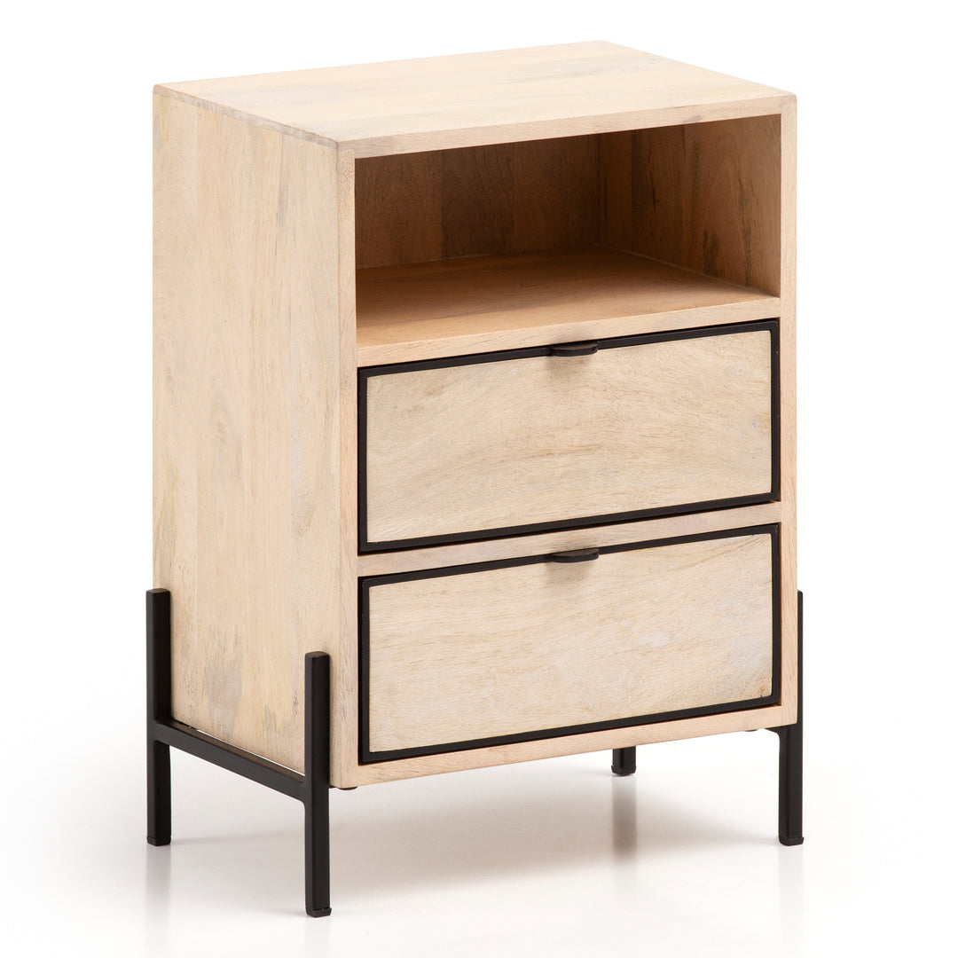Nachttisch – Mango Massivholz/Metall, 43x60x30 cm, 2 Schubladen, braun