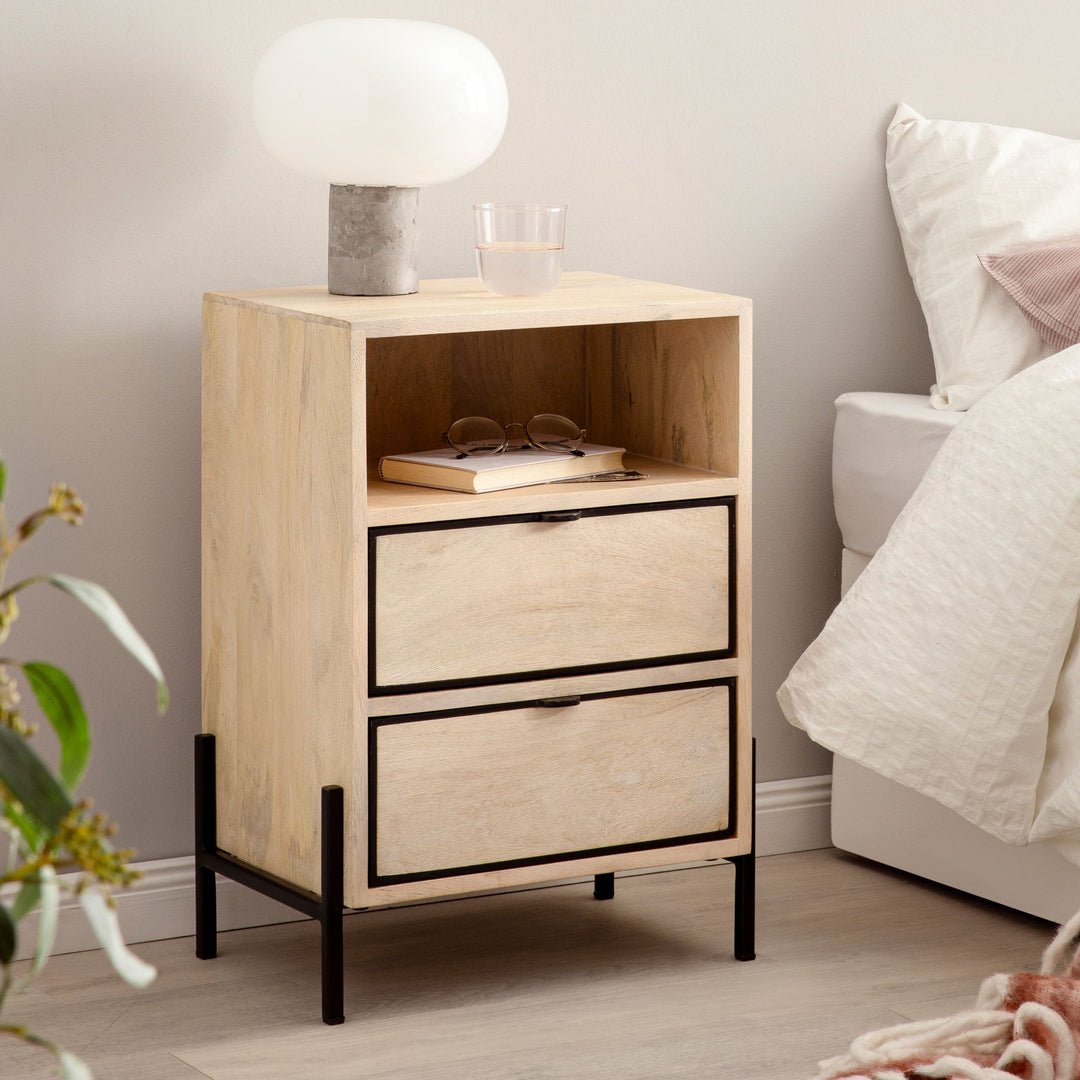 Nachttisch – Mango Massivholz/Metall, 43x60x30 cm, 2 Schubladen, braun