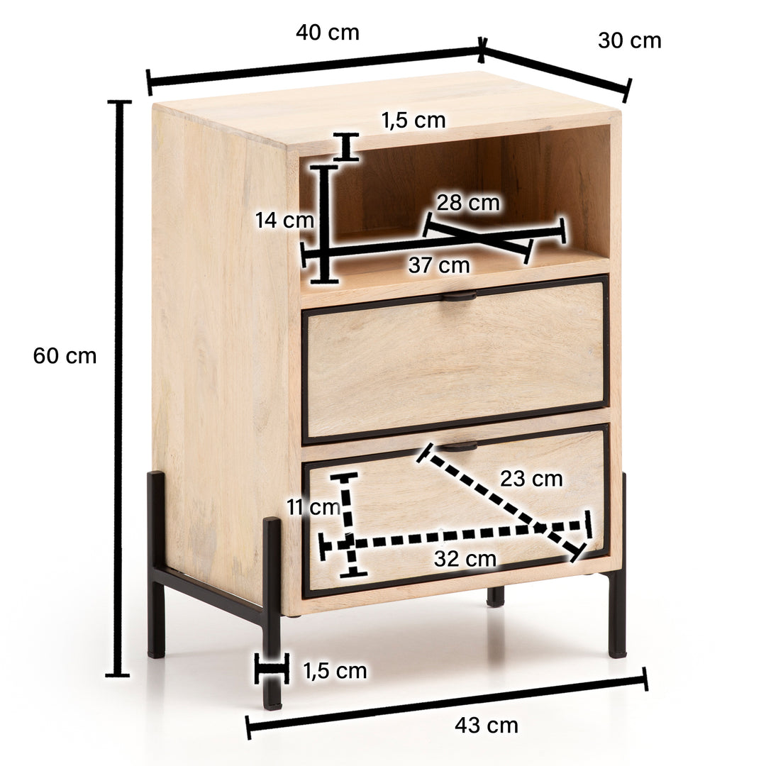 Nachttisch – Mango Massivholz/Metall, 43x60x30 cm, 2 Schubladen, braun