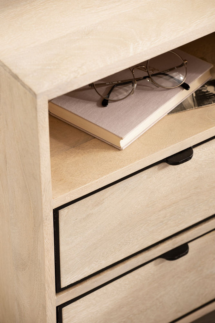 Nachttisch – Mango Massivholz/Metall, 43x60x30 cm, 2 Schubladen, braun