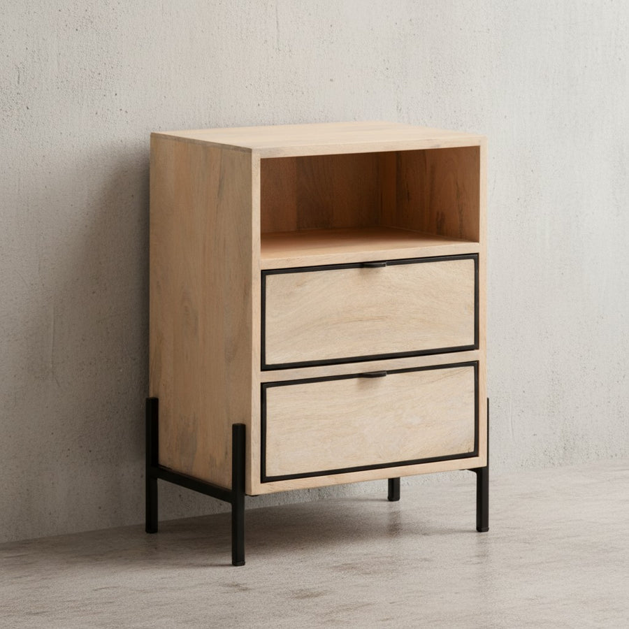 Nachttisch Mango Massivholz / Metall 43x60x30 cm Nachtschrank Boxspringbett - Design Nachtkonsole Braun mit 2 Schubladen - Nachtkommode mit Stauraum &amp; Metallgestell_