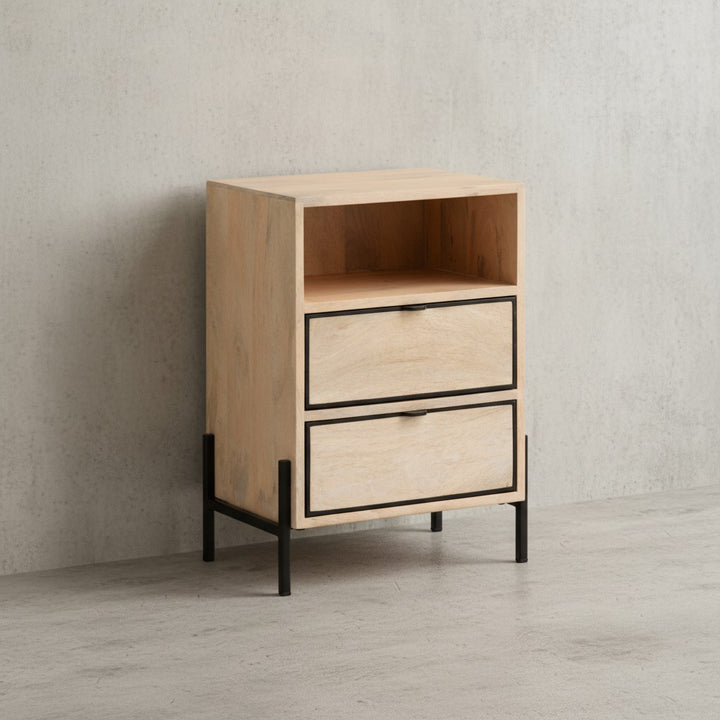 Nachttisch Mango Massivholz / Metall 43x60x30 cm Nachtschrank Boxspringbett - Design Nachtkonsole Braun mit 2 Schubladen - Nachtkommode mit Stauraum &amp;amp; Metallgestell_