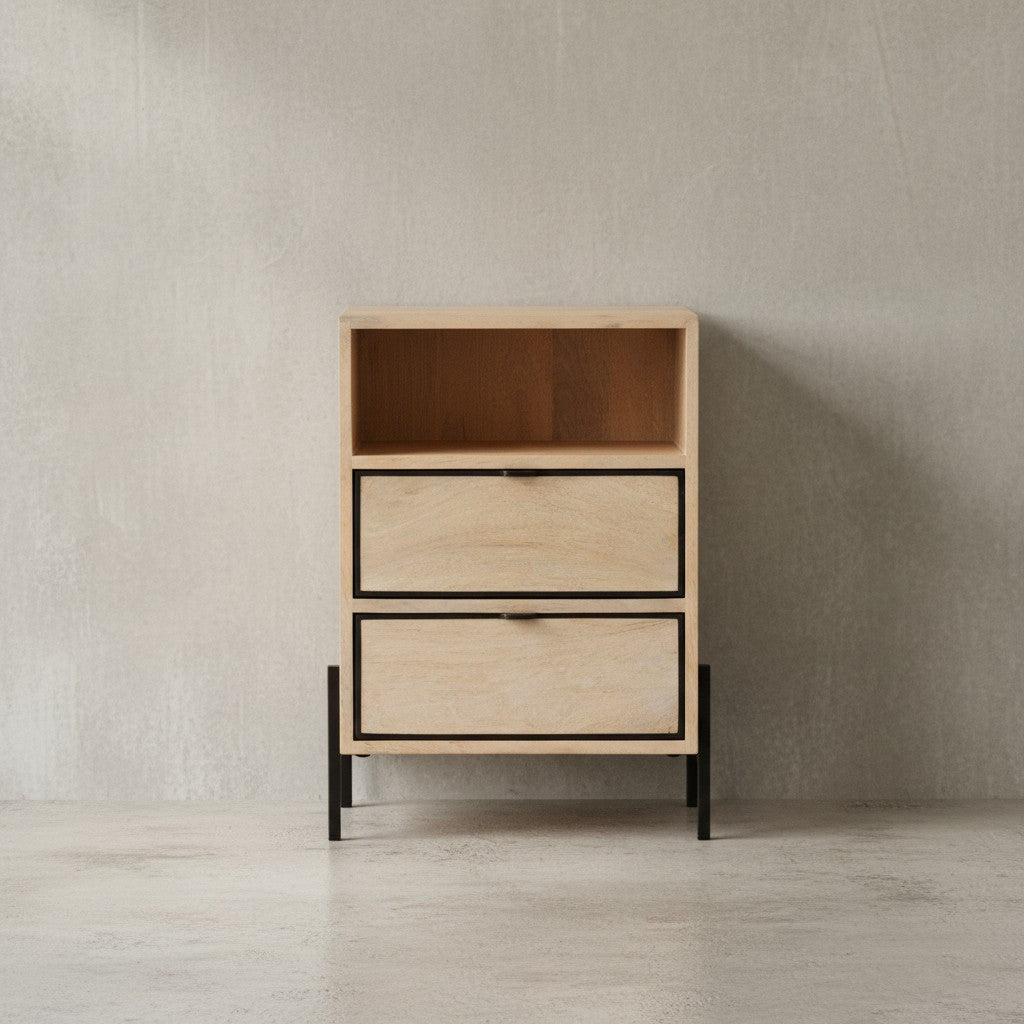 Nachttisch Mango Massivholz / Metall 43x60x30 cm Nachtschrank Boxspringbett - Design Nachtkonsole Braun mit 2 Schubladen - Nachtkommode mit Stauraum &amp; Metallgestell_