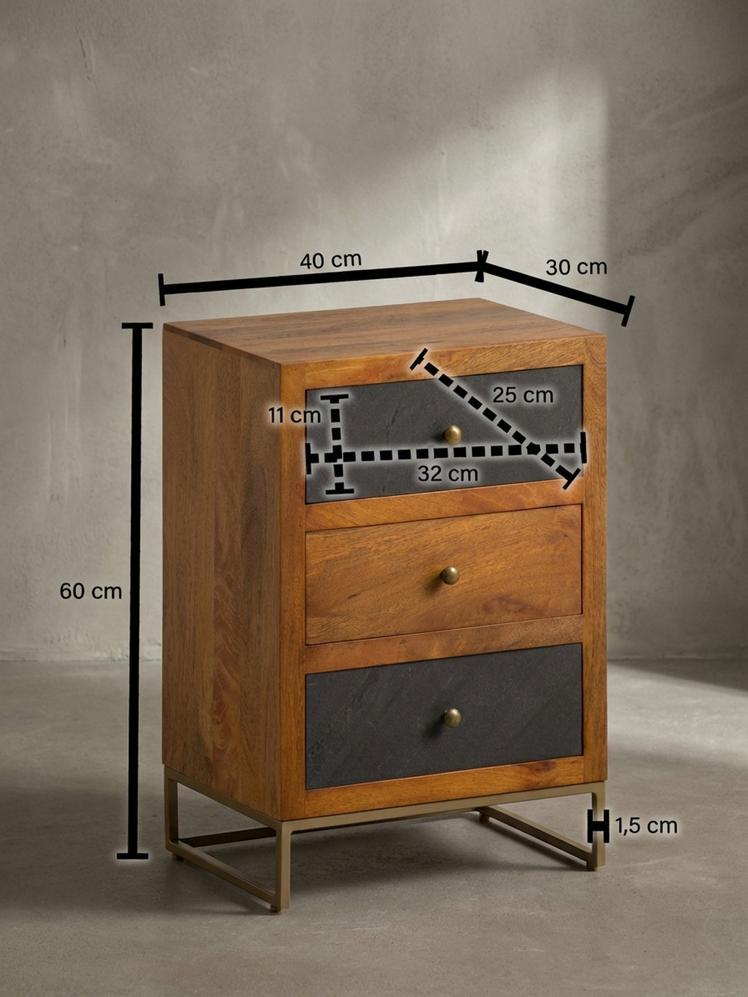 Technische Zeichnung des Nachttisches mit den genauen Maßen: 60 cm Höhe, 40 cm Breite und 30 cm Tiefe, ideal für die Planung im Schlafzimmer neben dem Bett._