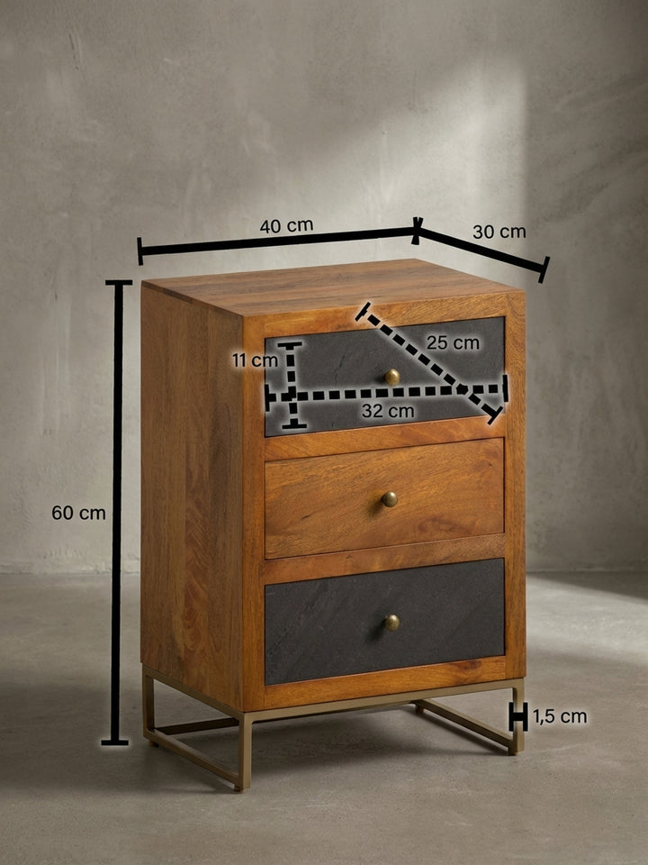 Technische Zeichnung des Nachttisches mit den genauen Maßen: 60 cm Höhe, 40 cm Breite und 30 cm Tiefe, ideal für die Planung im Schlafzimmer neben dem Bett._