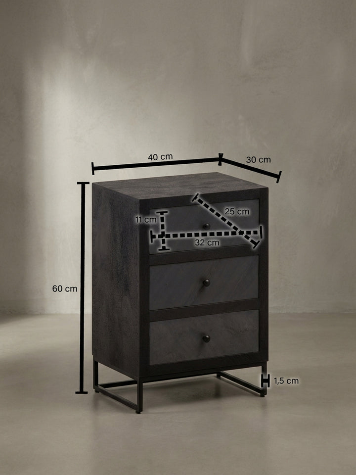 Technisches Maßbild des Nachttisches mit den genauen Abmessungen: Höhe 60 cm, Breite 40 cm, Tiefe 30 cm, ideal für die Planung am Boxspringbett._