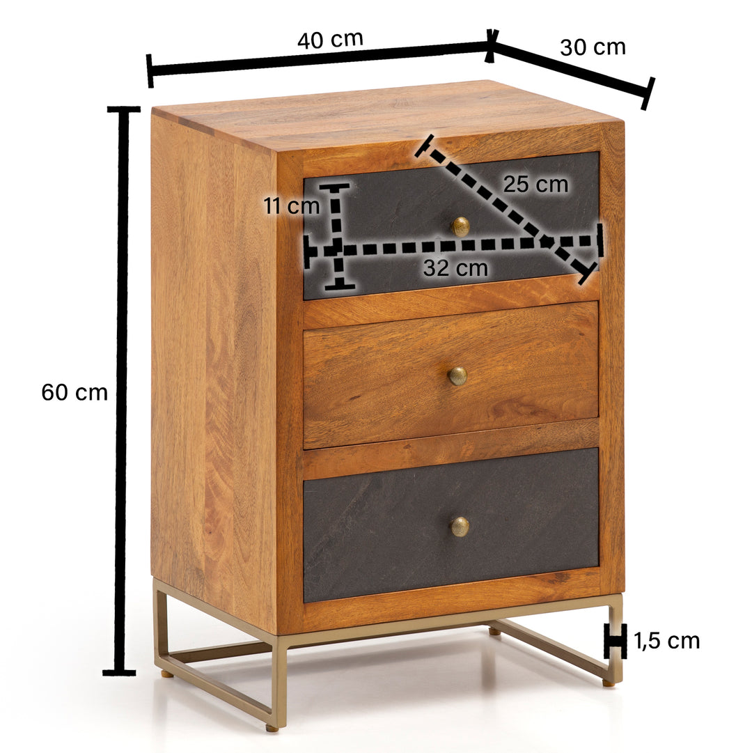 Nachttisch Massivholz Steinoptik 3 Schubladen Metallgestell