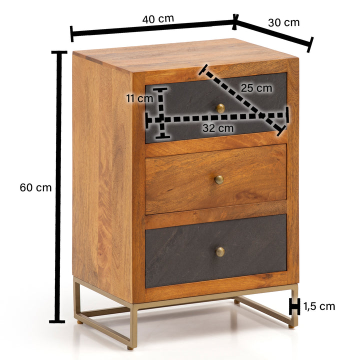 Nachttisch Massivholz Steinoptik 3 Schubladen Metallgestell