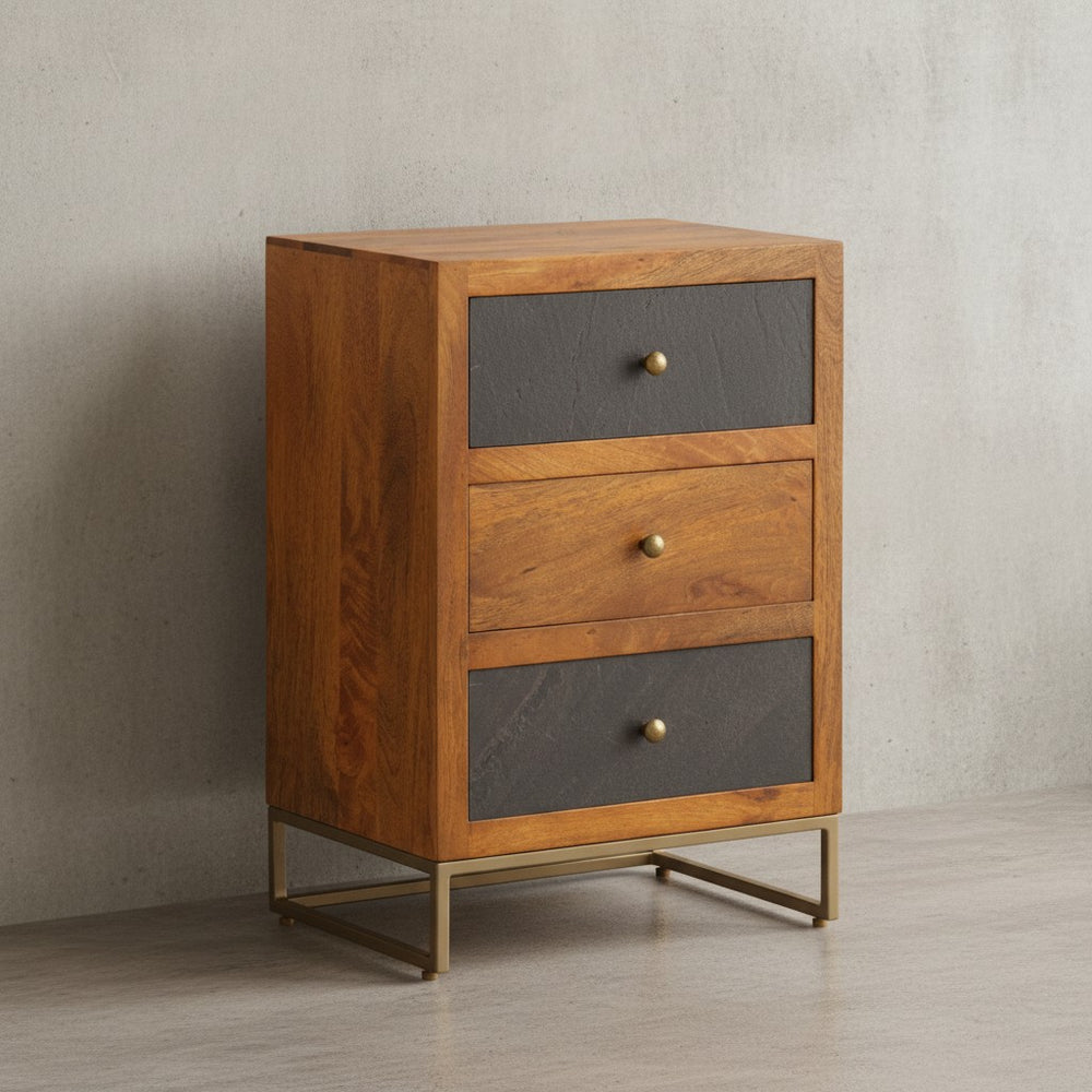 Nachttisch Mango Massivholz / Steinoptik 40x60x30 cm Nachtschrank Boxspringbett - Design Nachtkonsole mit 3 Schubladen - Nachtkommode mit Stauraum &amp; Metallgestell_