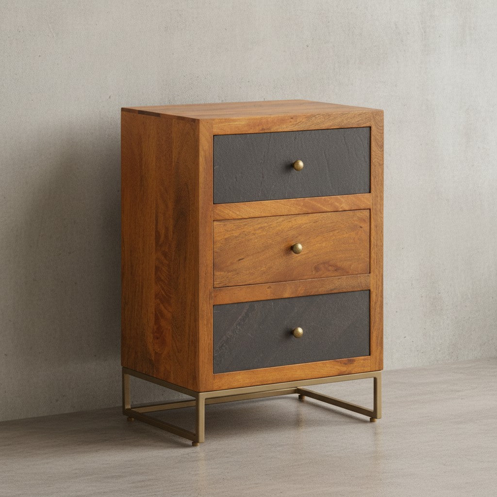 Nachttisch Mango Massivholz / Steinoptik 40x60x30 cm Nachtschrank Boxspringbett - Design Nachtkonsole mit 3 Schubladen - Nachtkommode mit Stauraum &amp; Metallgestell_