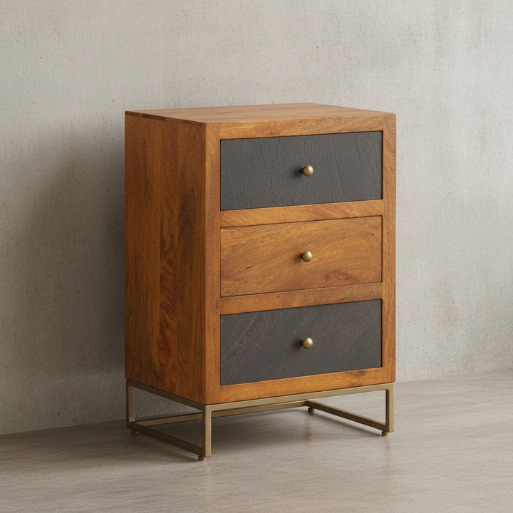 Nachttisch Mango Massivholz / Steinoptik 40x60x30 cm Nachtschrank Boxspringbett - Design Nachtkonsole mit 3 Schubladen - Nachtkommode mit Stauraum &amp;amp; Metallgestell_