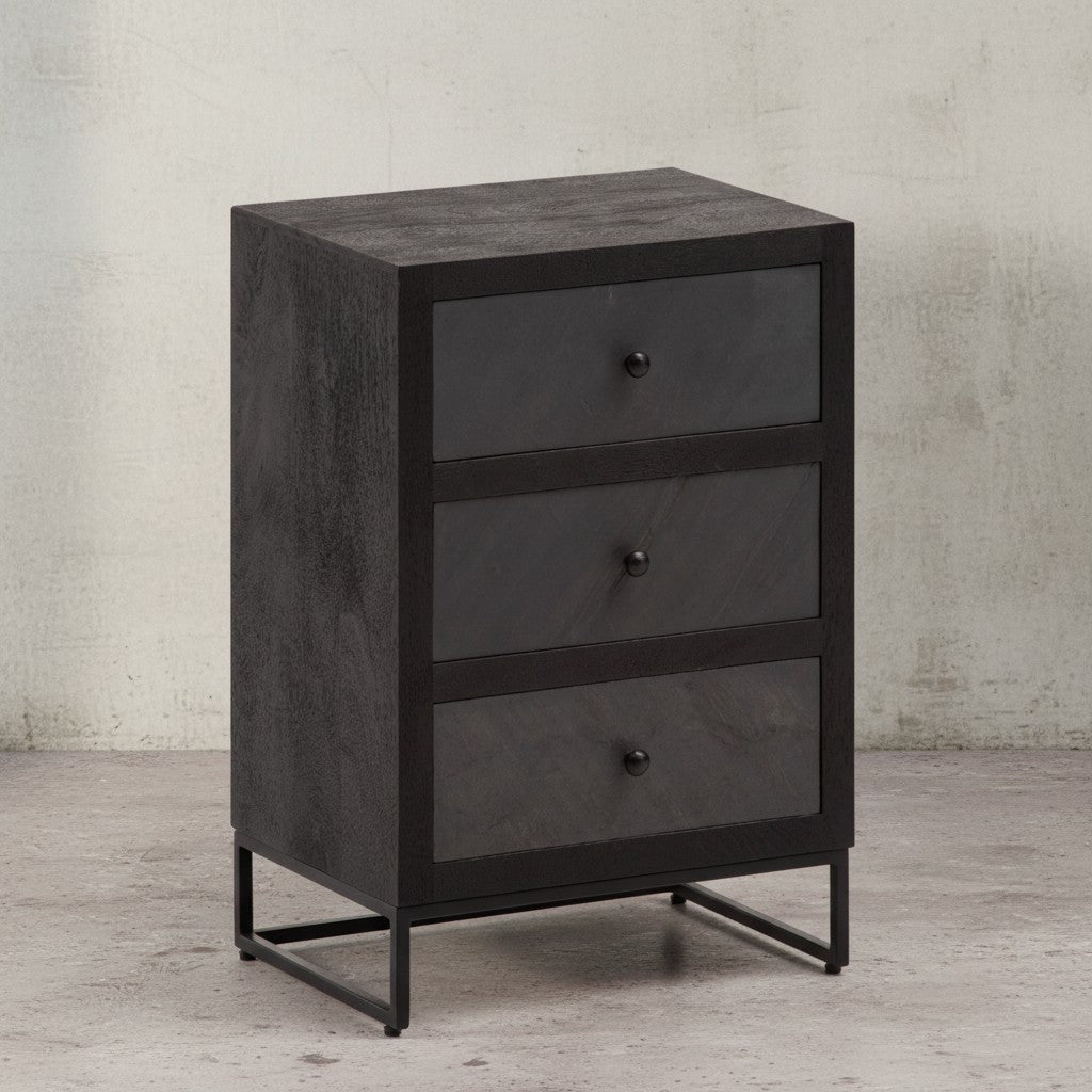 Nachttisch Mango Massivholz / Steinoptik 40x60x30 cm Nachtschrank Boxspringbett - Design Nachtkonsole mit 3 Schubladen - Nachtkommode mit Stauraum &amp; Metallgestell_