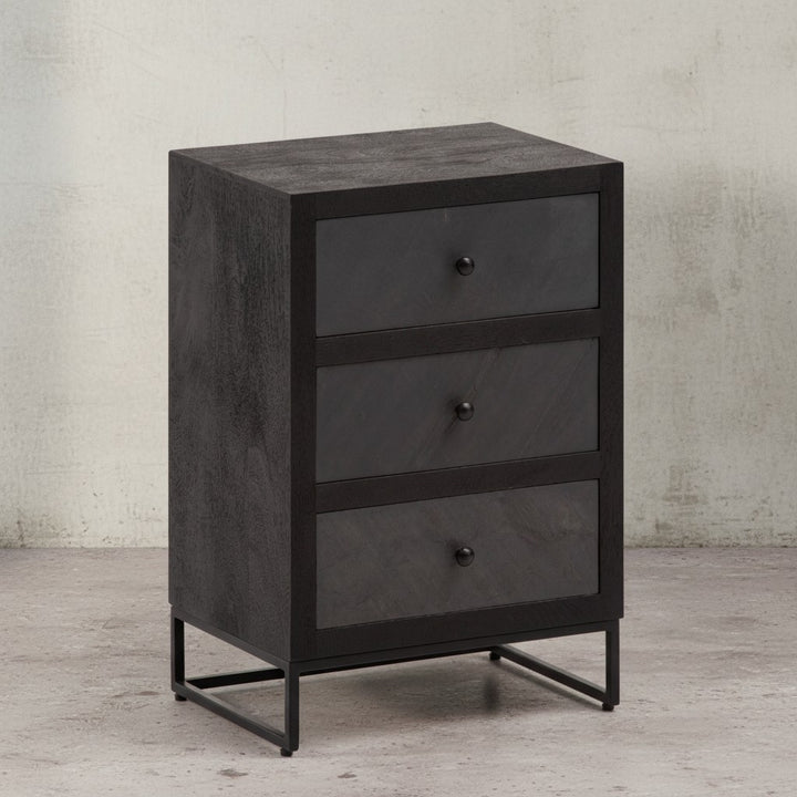 Nachttisch Mango Massivholz / Steinoptik 40x60x30 cm Nachtschrank Boxspringbett - Design Nachtkonsole mit 3 Schubladen - Nachtkommode mit Stauraum &amp;amp; Metallgestell_