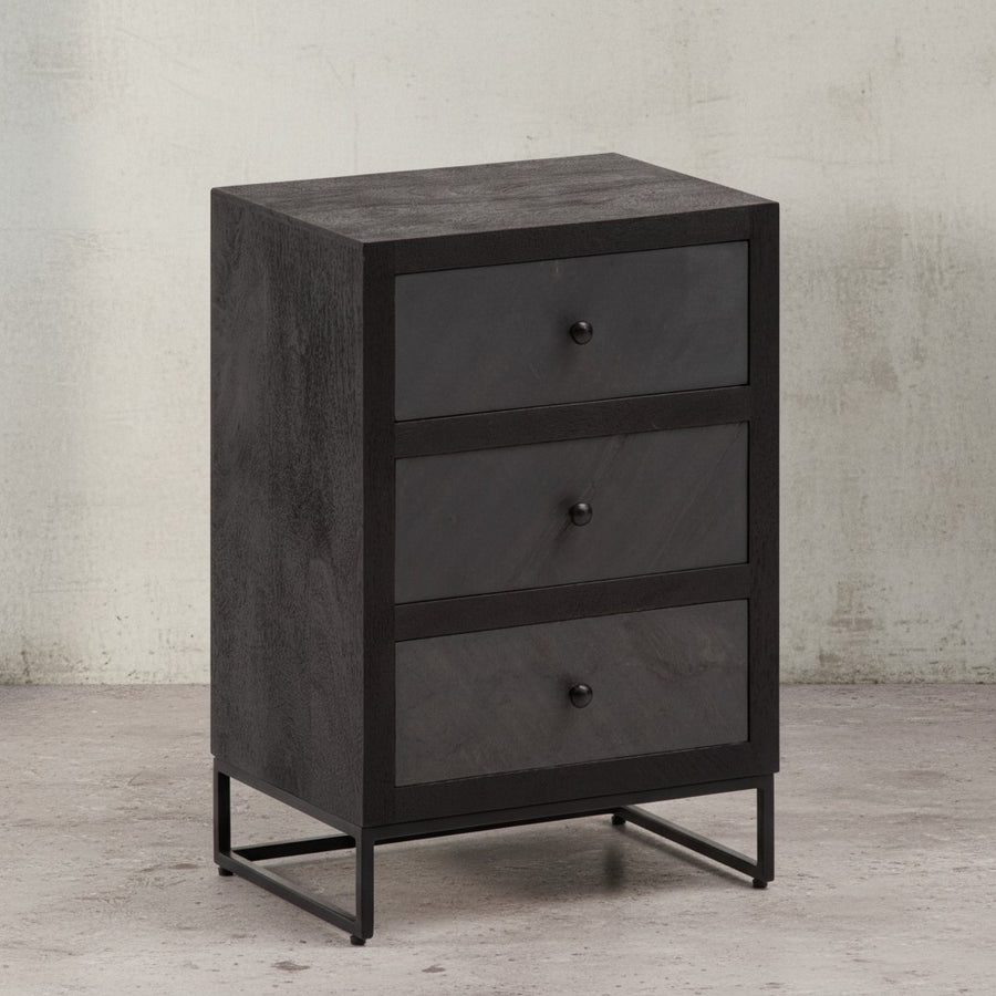 Nachttisch Mango Massivholz / Steinoptik 40x60x30 cm Nachtschrank Boxspringbett - Design Nachtkonsole mit 3 Schubladen - Nachtkommode mit Stauraum &amp; Metallgestell_