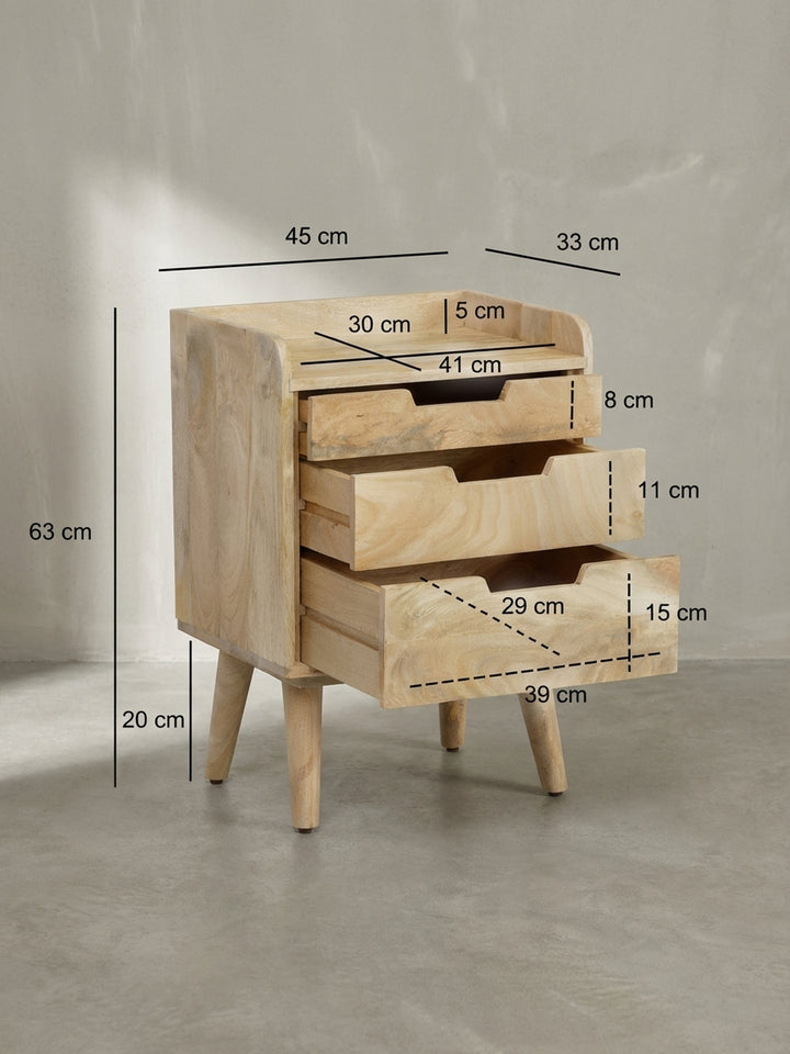 Technische Zeichnung des Nachttisches mit exakten Maßen: 45 cm breit, 63 cm hoch und 33 cm tief, für eine präzise Raumplanung._