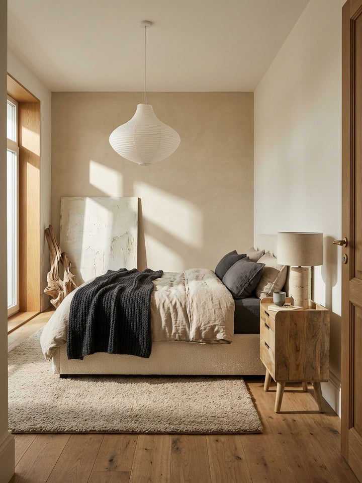 Nachttisch aus massivem Mangoholz in einem lichtdurchfluteten, minimalistischen Schlafzimmer mit Holzboden und Leinenbettwäsche._