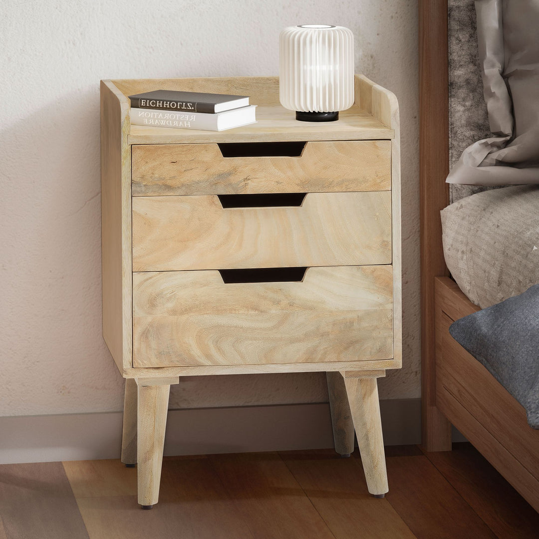Nachttisch – Mango Massivholz, 45x33x63 cm, Hellbraun, 3 Schubladen, Ablage
