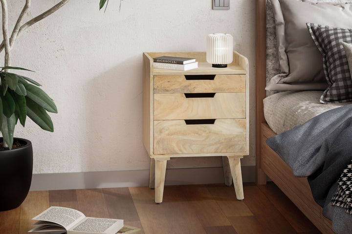 Nachttisch – Mango Massivholz, 45x33x63 cm, Hellbraun, 3 Schubladen, Ablage