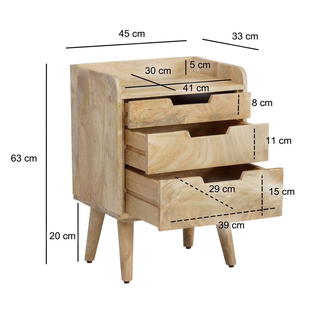 Nachttisch – Mango Massivholz, 45x33x63 cm, Hellbraun, 3 Schubladen, Ablage