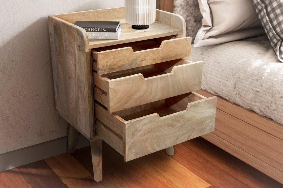 Nachttisch – Mango Massivholz, 45x33x63 cm, Hellbraun, 3 Schubladen, Ablage