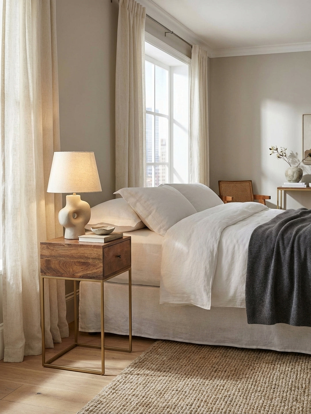 Nachttisch aus massivem Mangoholz neben einem Boxspringbett in einem modernen Schlafzimmer. Das goldene Metallgestell setzt einen eleganten Akzent zum warmen Holzakzent._