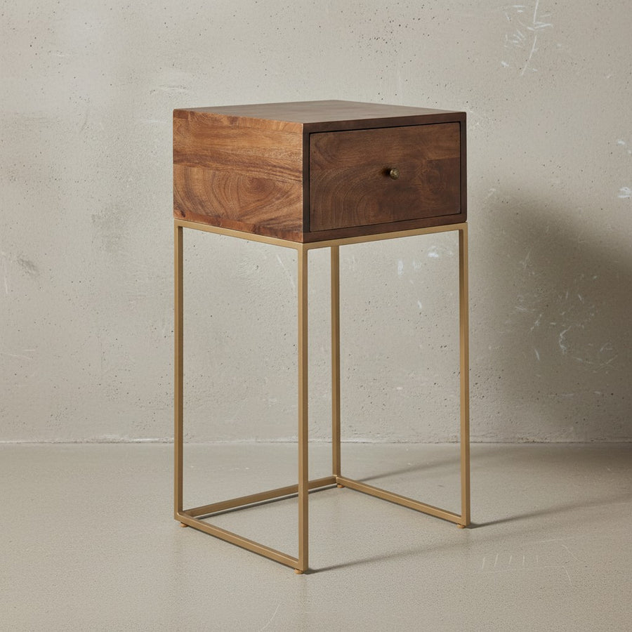 Nachttisch Mango Massivholz/Metall_ Industrial-Stil_ Boxspringbett-kompatibel_ Geräumige Schublade - KADIMA DESIGN_Größe_ 40x35x75 cm_