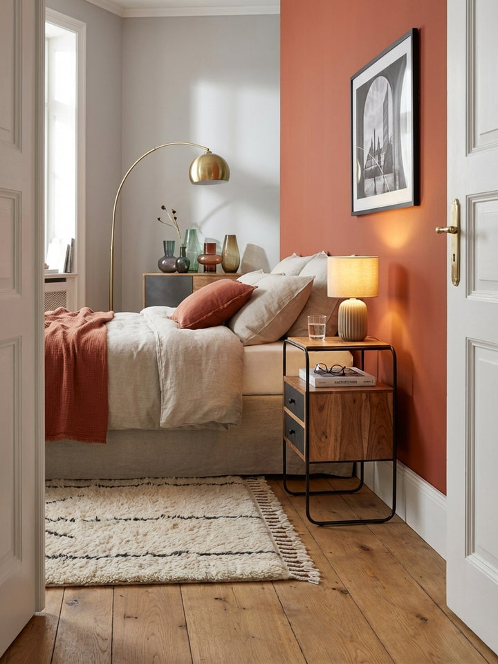 Eleganter Nachttisch aus Akazie Massivholz mit Steinoptik-Schubladen in einem ruhigen, industrial-inspirierten Schlafzimmer mit Leinenbettwäsche._
