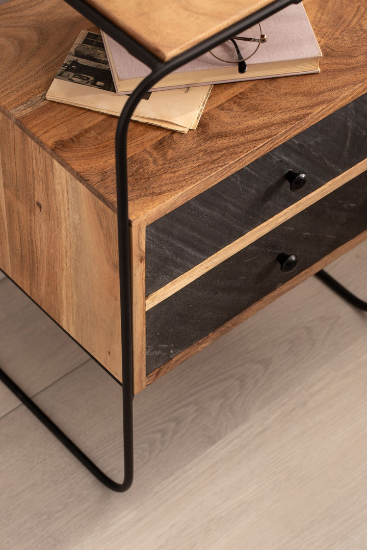 Nachttisch Massivholz / Steinoptik 40x60x30 cm Nachtschrank Boxspringbett - Industrial Nachtkonsole Braun mit 2 Schubladen &amp;amp; Ablagefläche - Nachtkommode Stauraum &amp;amp; Metallgestell_
