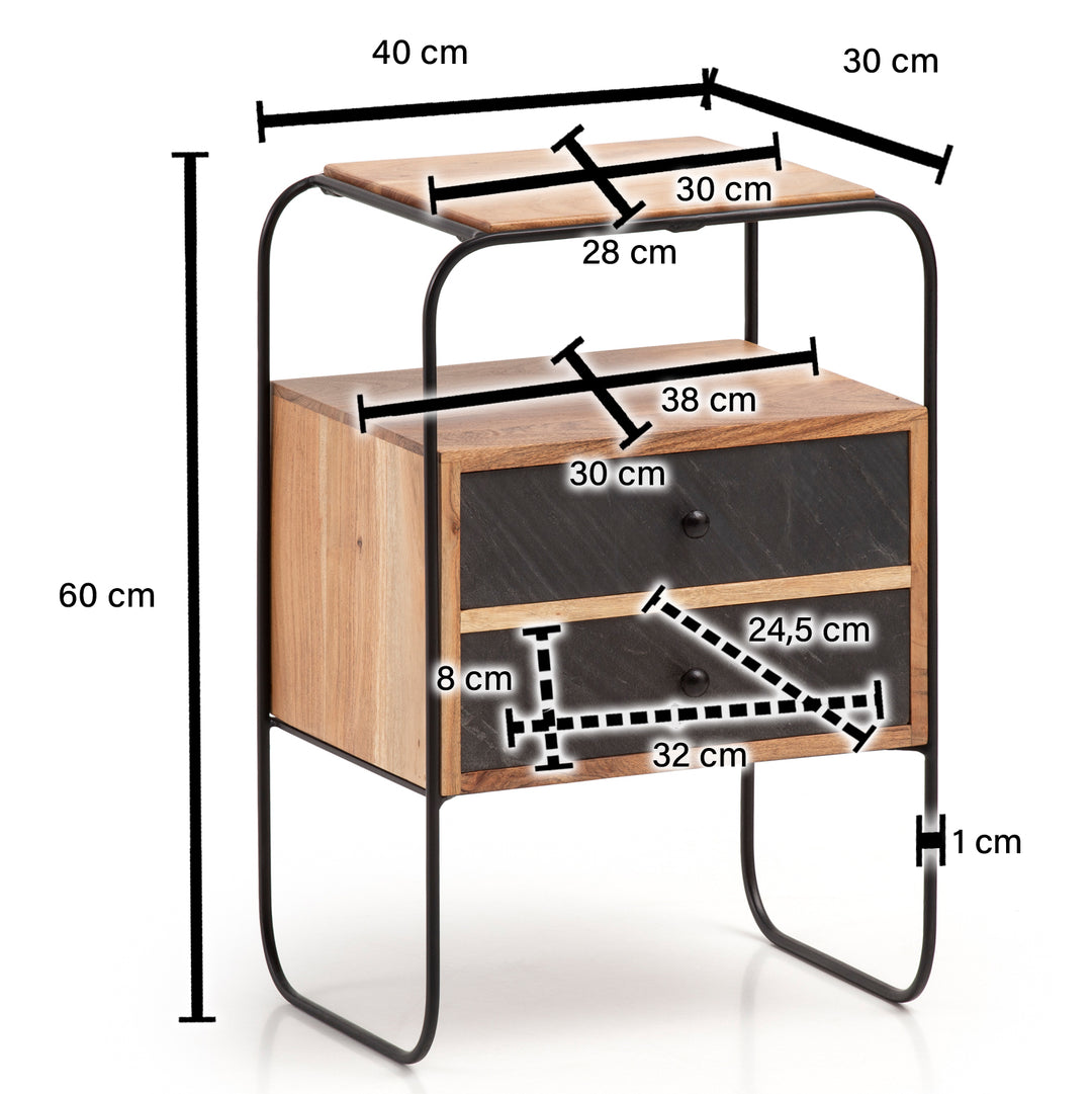 Nachttisch Massivholz / Steinoptik 40x60x30 cm Nachtschrank Boxspringbett - Industrial Nachtkonsole Braun mit 2 Schubladen &amp; Ablagefläche - Nachtkommode Stauraum &amp; Metallgestell_