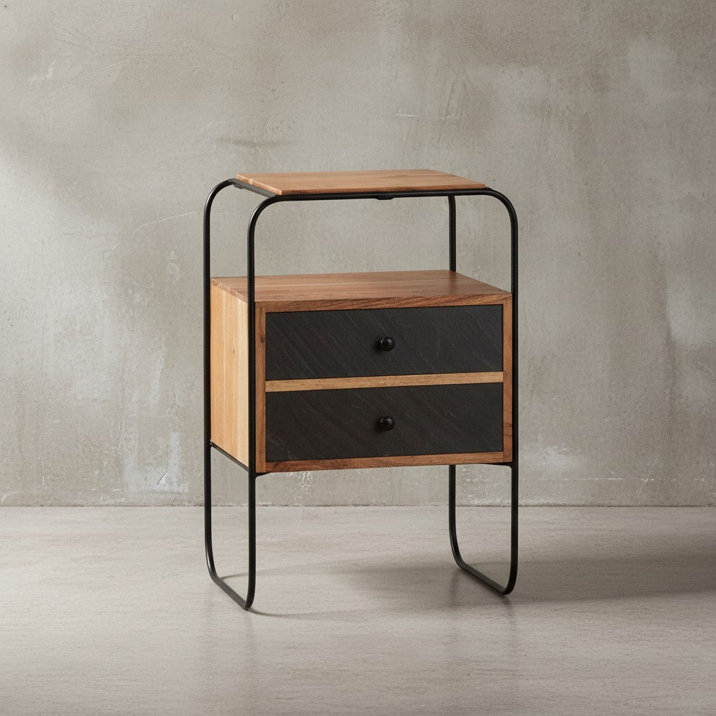 Nachttisch Massivholz / Steinoptik 40x60x30 cm Nachtschrank Boxspringbett - Industrial Nachtkonsole Braun mit 2 Schubladen &amp; Ablagefläche - Nachtkommode Stauraum &amp; Metallgestell_