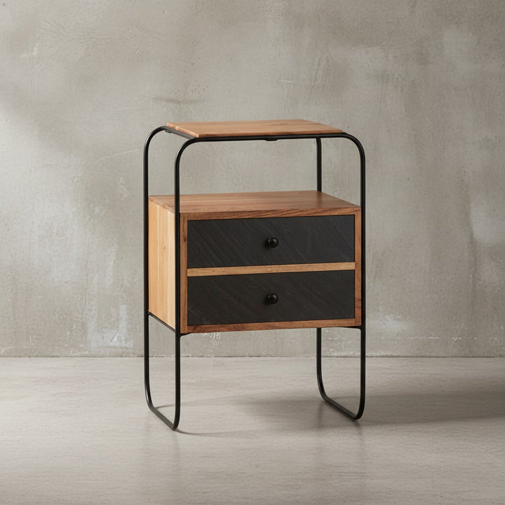 Nachttisch Massivholz / Steinoptik 40x60x30 cm Nachtschrank Boxspringbett - Industrial Nachtkonsole Braun mit 2 Schubladen &amp;amp; Ablagefläche - Nachtkommode Stauraum &amp;amp; Metallgestell_