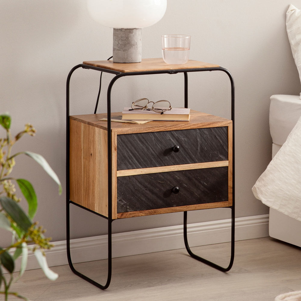 Nachttisch Massivholz / Steinoptik 40x60x30 cm Nachtschrank Boxspringbett - Industrial Nachtkonsole Braun mit 2 Schubladen &amp; Ablagefläche - Nachtkommode Stauraum &amp; Metallgestell_