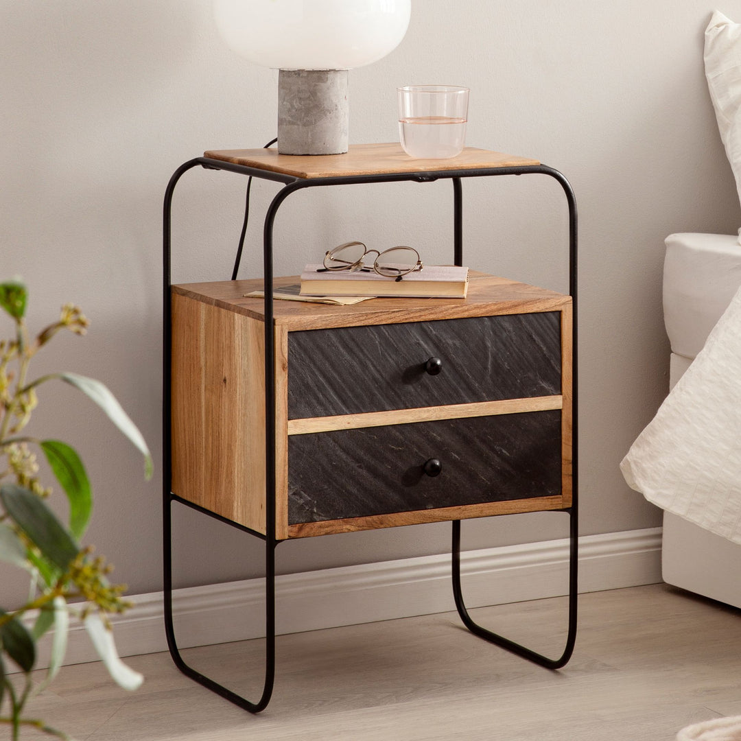 Nachttisch Massivholz / Steinoptik 40x60x30 cm Nachtschrank Boxspringbett - Industrial Nachtkonsole Braun mit 2 Schubladen &amp; Ablagefläche - Nachtkommode Stauraum &amp; Metallgestell_