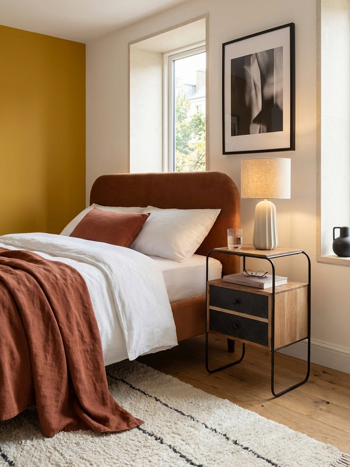 Harmonisches Schlafzimmer-Ensemble mit dem industriellen Nachtschrank neben einem gepolsterten Bett mit weißer Leinenbettwäsche._