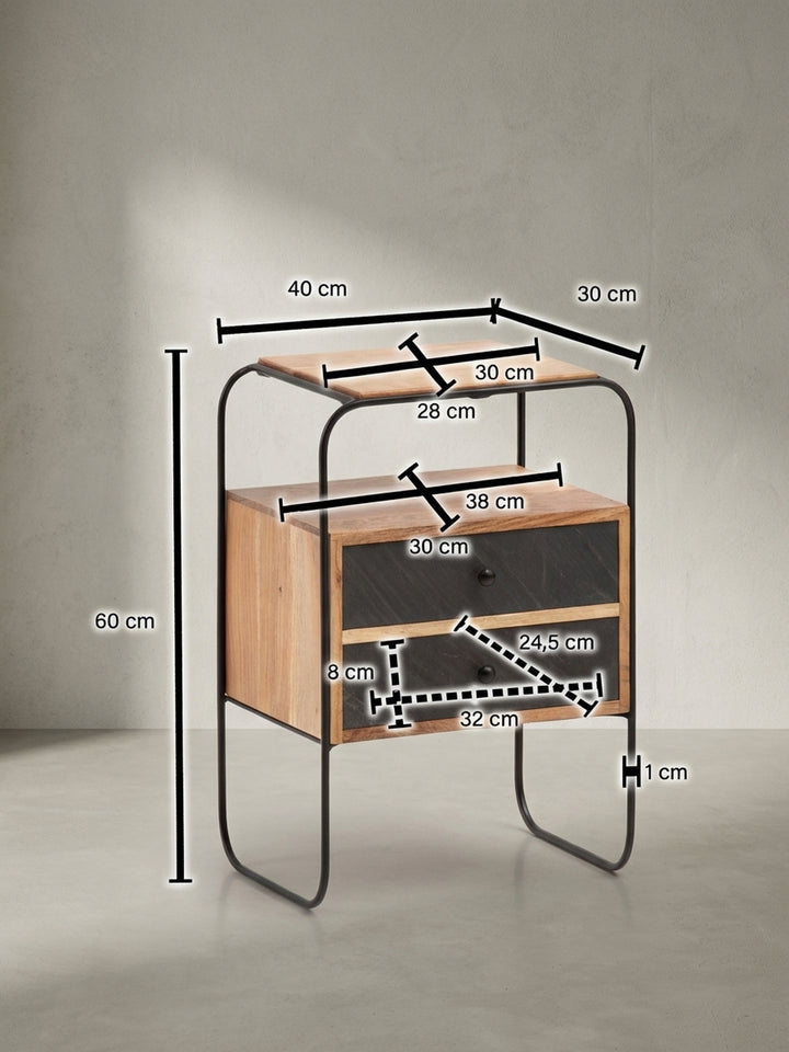 Technische Zeichnung des Nachttisches mit allen relevanten Maßen: Höhe 60 cm, Breite 40 cm, Tiefe 30 cm, ideal für Boxspringbetten._