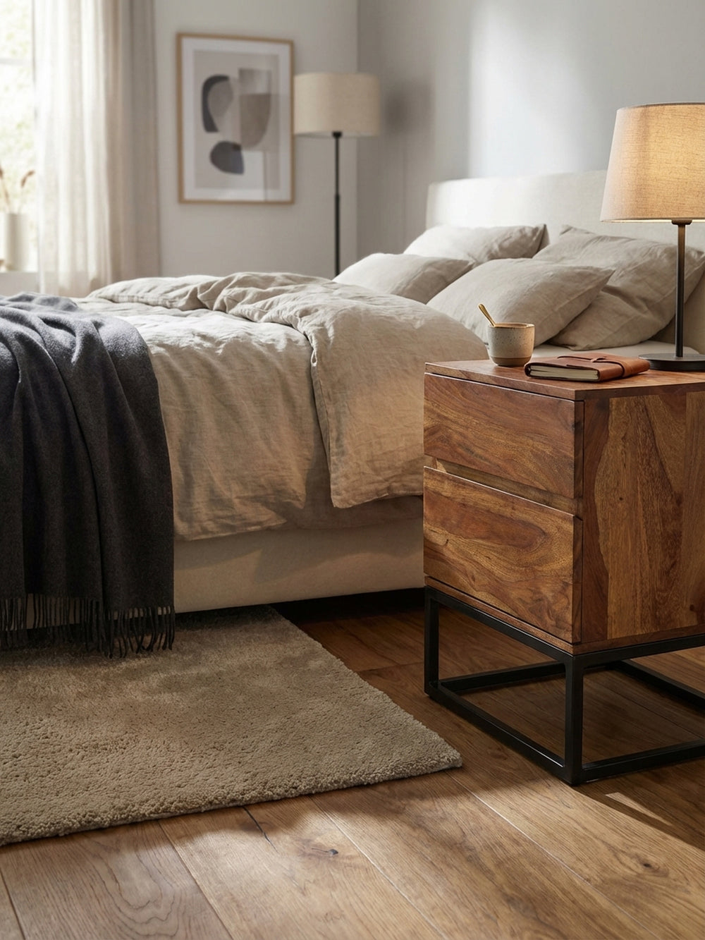 Hoher Nachttisch für Boxspringbetten neben einem Bett mit dunklem Leinen-Kopfteil und einer Betonwand._